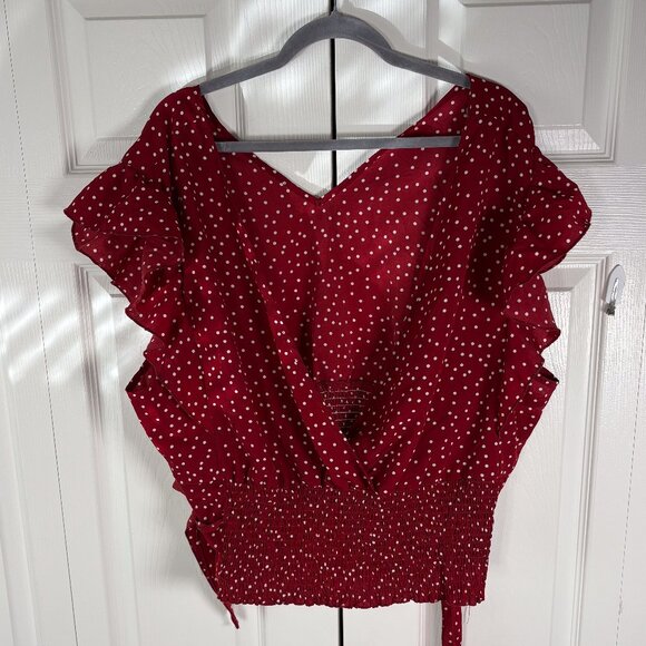Shein Plus 5XL Red Polka Dot Ruffle Sleeve Smocked Waist Top - Picture 1 of 5
